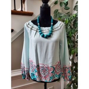 Red Camel Women's Green 100% Rayon Scoop Neck Long Sleeve Top Blouse Size Small